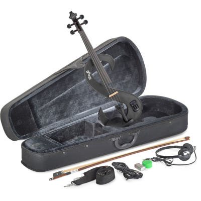 Stagg EVN 4/4 MBK 4/4 electric violin set with S-shaped metallic black electric violin, soft case and headphones