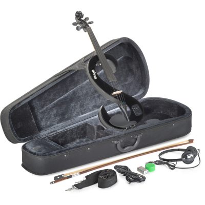 Stagg EVN 4/4 BK 4/4 elektrische-vioolset met zwarte S-vormige viool, gigbag en hoofdtelefoon