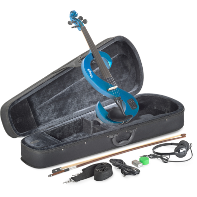 Stagg EVN 4/4 MBL 4/4 electric violin set with S-shaped metallic blue electric violin, soft case and headphones