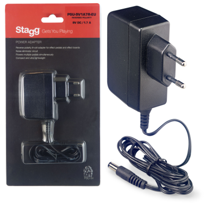 Stagg PSU-9V1A7R-EU 9V/1,7A adapter voor effectperdalen; omgekeerde polariteit