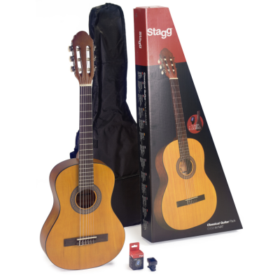 Stagg C430 M NAT PACK Guitar pack with 3/4 natural-coloured classical guitar with linden top, tuner, bag and colour box