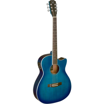 J.N. Guitars BES-ACE TBB Transparante blue burst elektro-akoestische gitaar, auditoriummodel, met massief sparren top, Bessie