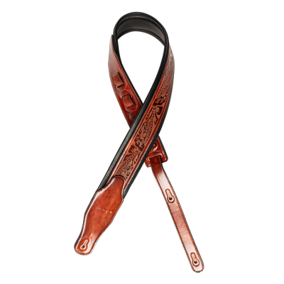 Stagg SPFL AGED BRW Brown padded distressed leatherette guitar strap with pressed flower pattern