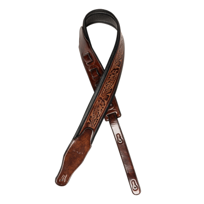 Stagg SPFL AGED DBRW Dark brown padded distressed leatherette guitar strap with pressed flower pattern
