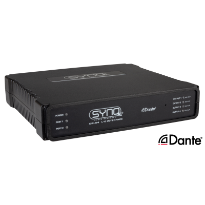 SYNQ DBI-04 Interface audio analogique / réseau DANTE® de qualité supérieure avec support AES67 pour installation fixe avec 4 sorties analogiques et ports GPIO