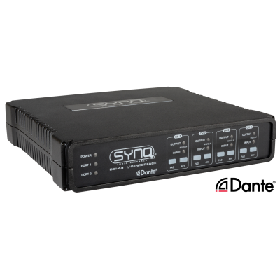 SYNQ DBI-44 Interface audio analogique / réseau DANTE® de qualité supérieure avec support AES67 pour installation fixe avec 4 entrées + sorties analogiques et ports GPIO