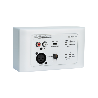 Audiophony PA DZ-BOX22 Aansluitdoos voor microfoon of lijn die kan worden toegewezen aan kanaal 9/10 of 11/12 van de DZ-MATRIX.   Deze aansluitdoos heeft twee gebalanceerde analoge uitgangen.