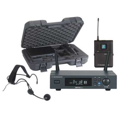 Audiophony PACK-UHF410-Head-F5 Set met UHF True Diversity ontvanger, bodypack zender, hoofdband microfoon en transportkoffer - 500MHz