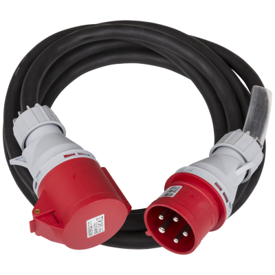 Hilec CEE-CABLE-32A-5G6-5M 5-pole CEE power extension cable with transparent heat shrink for custom labels.