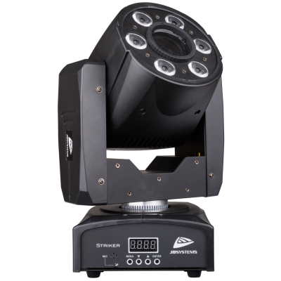 JB Systems STRIKER Compact LED moving spot (10°-30W-White) and wash (6 x 8W RGBW) for DJs and smaller clubs.  Prepared for wireless DMX: just plug-in an optional WTR-DMX DONGLE !