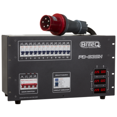 Briteq PD-63SH/FRA-BEL 3-phase power distributor with different outputs for maximum flexibility (rental companies!): 12x 16A mains outlet sockets + 2x 16PIN + 2x 19PIN industrial connectors.