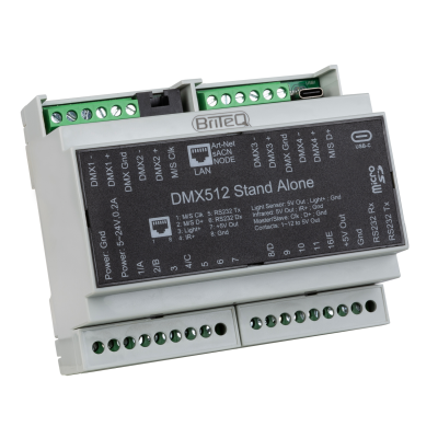Briteq LD-1024DIN NET 1024 Channel DMX interface & Multizone controller with Ethernet port for Local Area Network (LAN, WLAN) that can be easily mounted on a DIN Rail