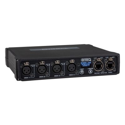 Briteq BT-NODE24 Mk2 (3pin XLR) High-speed ArtNet & sACN Node with 4 configurable DMX ports (XLR 3-pin), web interface and OLED display.  Compatible with DHCP, RDM and Gigabit Ethernet with PoE