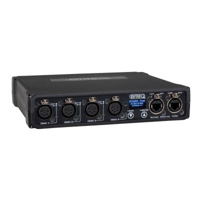 Briteq BT-NODE24 Mk2 (5pin XLR) High-speed ArtNet & sACN Node with 4 configurable DMX ports (XLR 5-pin), web interface and OLED display.  Compatible with DHCP, RDM and Gigabit Ethernet with PoE