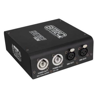 Briteq DS123-RDM RDM compatible DMX splitter: splits mains power and DMX input into 2 optically separate outputs. Compact and robust, equipped with PowerCON / XLR 3pin.