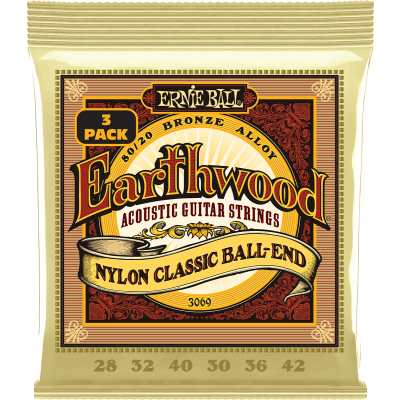 Ernie Ball 3069 Earthwood 80/20 Cordes Bronze Folk Nylon with Ball 28-42 - Pack of 3