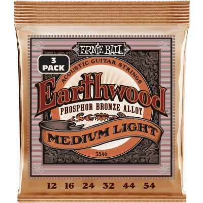 Ernie Ball 3546 Earthwood strings Phosphorus Bronze Medium Light 12-54 - Pack of 3