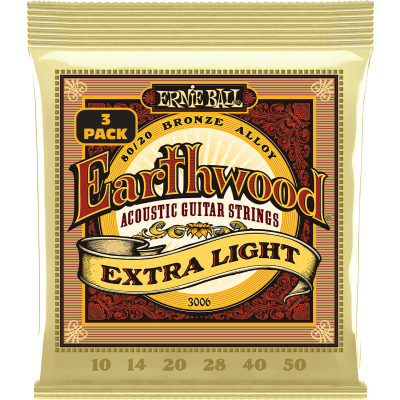 Ernie Ball 3006 Earthwood 80/20 Extra Light 10-50 bronze strings - Pack of 3