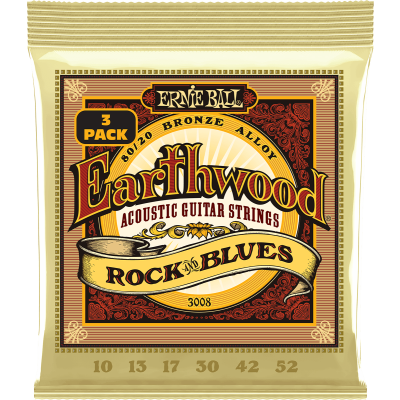 Ernie Ball 3008 Earthwood 80/20 Rock & Blues Earthwood ropes 10-52 - Pack of 3