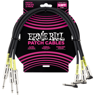 Ernie Ball 6076 Cables Instrument Patch Pack of 3 - Droit/Coudé - 46cm Black