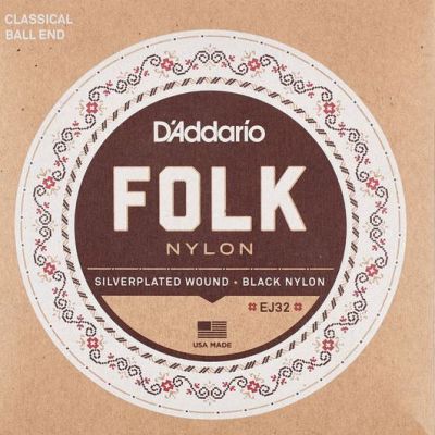 D'Addario EJ32 Folk Nylon Guitar Strings, Ball End, Silver Wound/Black Nylon Trebles