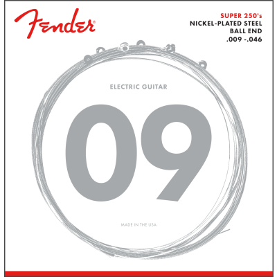 Fender Super 250 Guitar Strings, Nickel Plated Steel, Ball End, 250LR Gauges .009-.046, (6)