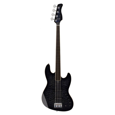 Sire Basses V9+ S4F/TB V9 2nd Gen Series Marcus Miller basgitaar, fretloos, 4-snarig, swamp ash, massieve esdoorn top + quilted fineer, transparant zwart