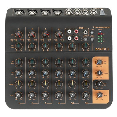 Audiophony Mi6U 6 channel mixer  4 microphones, 2 stereo, 1 aux and USB port