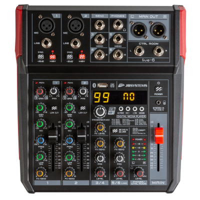 JB Systems LIVE-6 Veelzijdige PA-mixer in een handig compact formaat, 6 ingangen / 4 kanalen