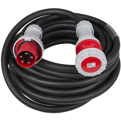 Hilec CEE-CABLE-63A-5G16-20M 5-pole CEE power extension cable with transparent heat shrink for custom labels.