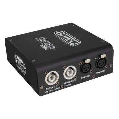 Briteq DS123-RDM RDM-compatibele DMX-splitter: splitst netvoeding en DMX-ingang in 2 optisch gescheiden uitgangen. Compact en robuust, voorzien van PowerCON / XLR 3pin.