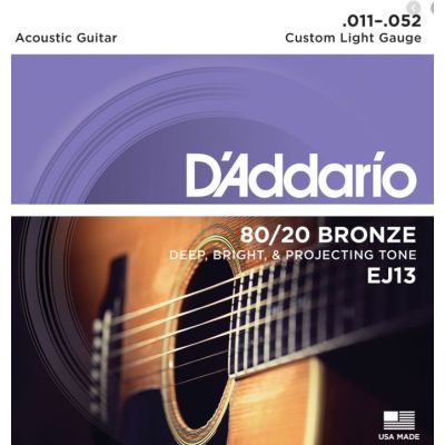 D'Addario EJ13 80/20 Bronze Acoustic Guitar Strings, Custom Light, 11-52